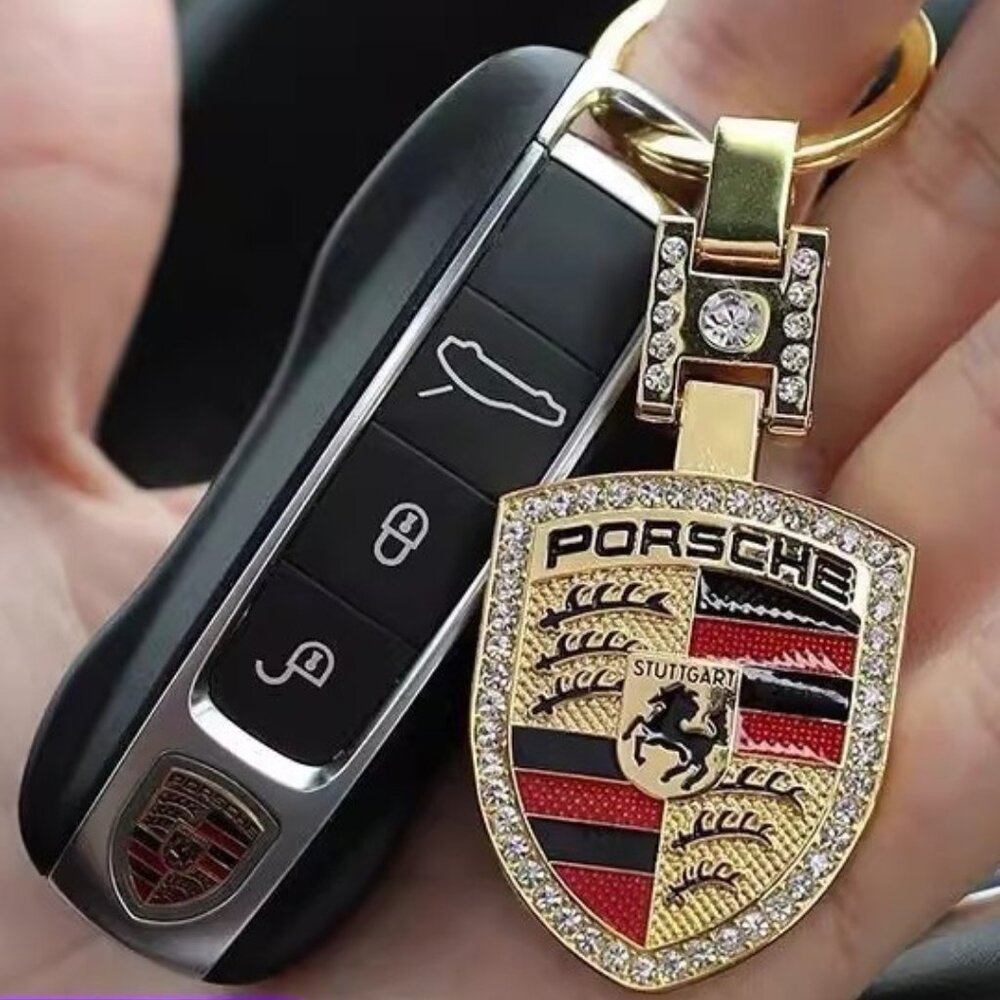 PORSCHE STUTTGART HOTROD Metal Crest KeyRing Key Chain Golden Pendant Keyholder - Picture 4 of 6